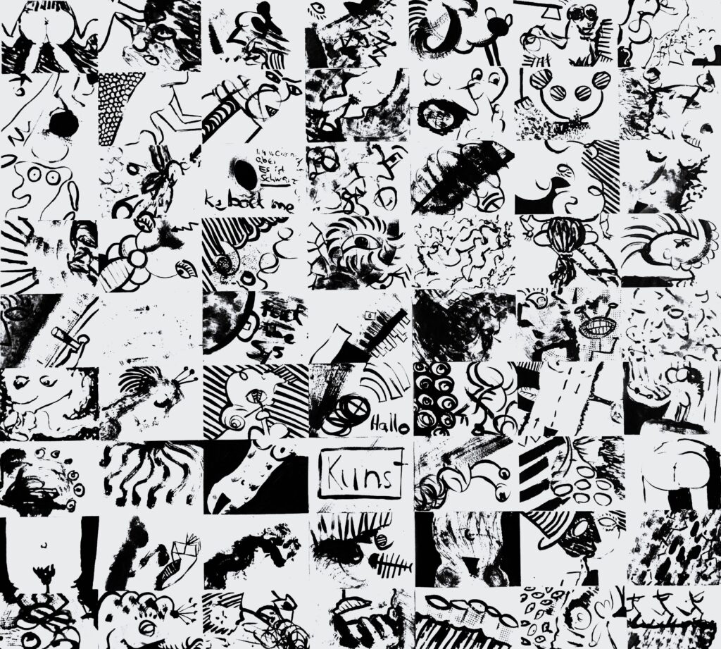 Collage aus vielen schwarz-weißen, handgezeichneten Miniaturen: abstrakte Formen, expressive Linien, spielerische Figuren und grafische Muster. Die Bilder wirken spontan, experimentell und lebendig, mit einer Mischung aus organischen Strukturen, Kritzeleien und surrealen Elementen.